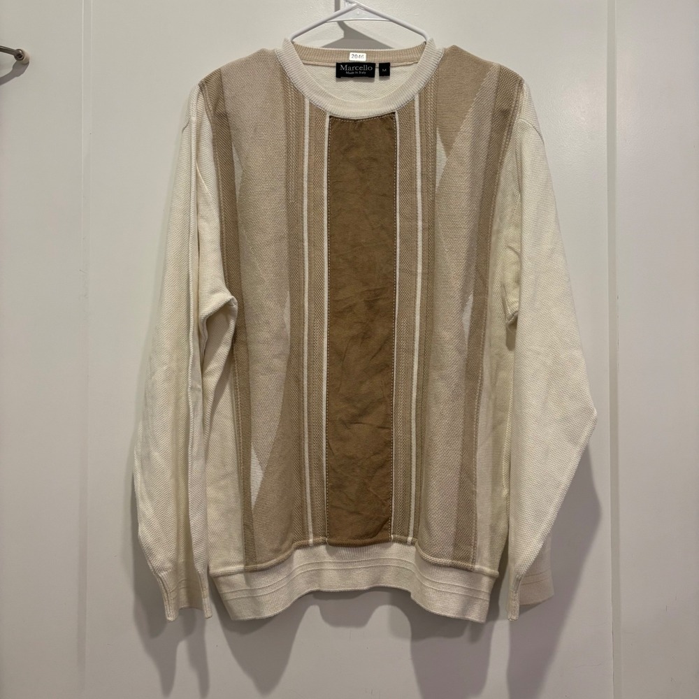Marcello Made in Italy Mens Cream Tan Geometric Stripe Alcantara Sweater Medium